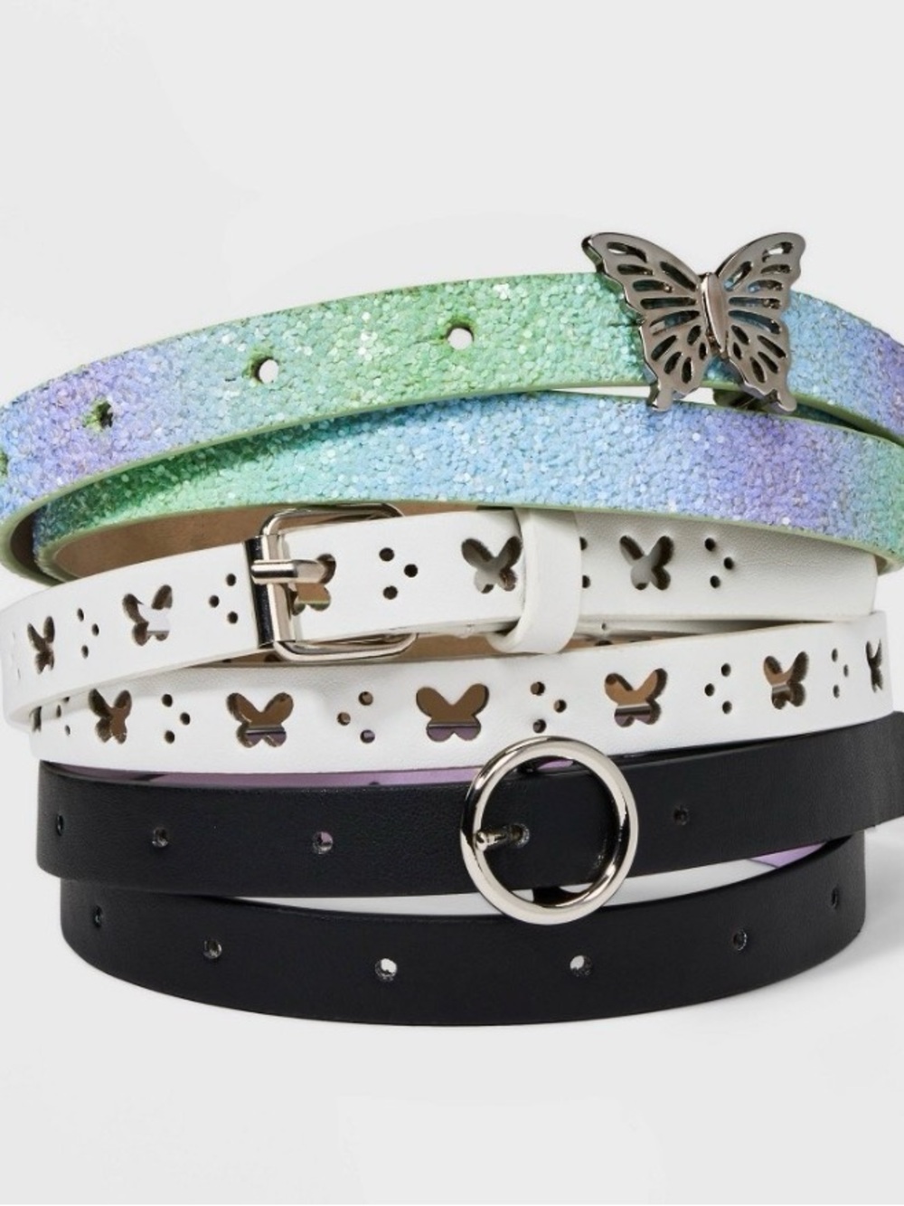 Girls 3 pack Butterfly Themed Belts Ser Pastel Sparkle, White & Black